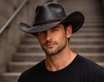Black Leather Cowboy Hat, Distressed Western Ranch, Genuine Crazy Horse Leather