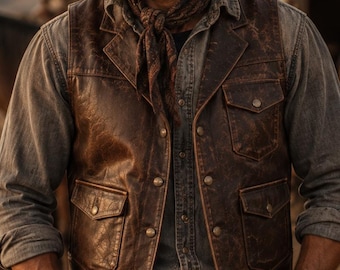 Colete masculino de couro legítimo marrom envelhecido, estilo cowboy western rústico, motociclista ou rancheiro.