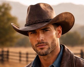 Distressed Brown Leather Cowboy Hat, Genuine Crazy Horse Western Rancher Style