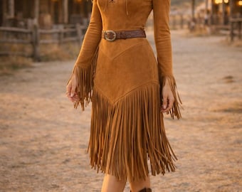 Beige Suede Fringe Dress - Western Cowboy Leather Outfit - Etsy