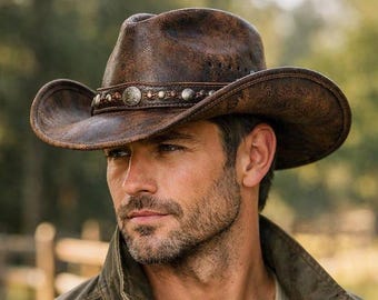 Distressed Brown Leather Cowboy Hat, Vintage Western Ranch Style