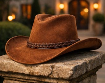 Chapéu de cowboy em camurça marrom, estilo western em couro legítimo, faixa trançada, chapéu de rancheiro masculino