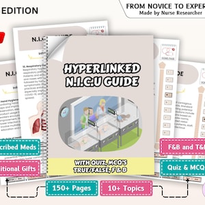Puede incluir: Una guía encuadernada en espiral titulada "HYPERLINKED N.I.C.U GUIDE" con el texto "2026 EDITION" y "NEW". La guía incluye ilustraciones y texto sobre temas médicos. El texto adicional incluye "FROM NOVICE TO EXPERT" y "150+ Pages".