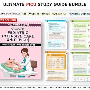Puede incluir: Un conjunto de guías de estudio para la Unidad de Cuidados Intensivos Pediátricos (UCIP). La portada presenta una caricatura de un médico y un bebé. Las guías incluyen temas, preguntas de opción múltiple, verdadero/falso y ejercicios de completar.