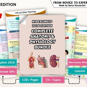 May include: A bundle of anatomy and physiology study guides. The cover features the text "Hyperlinked 2026 Edition Complete Anatomy & Physiology Bundle" with illustrations of the human body and organs. Additional text includes "From Novice to Expert".