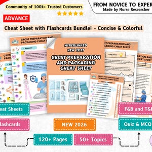 Op de afbeelding: Een bundel met CRCST voorbereidings- en verpakkingsspiekbriefjes en flashcards met meer dan 120 pagina's en 50 onderwerpen. De documenten bevatten kleurrijke illustraties, inhoudsopgaven en de tekst Hyperlinked New 2027 CRCST Preparation and Packaging Cheat Sheet.