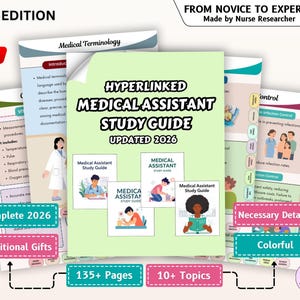 Può includere: Una guida allo studio per assistenti medici con il testo "HYPERLINKED MEDICAL ASSISTANT STUDY GUIDE UPDATED 2026". La guida include più di 135 pagine e più di 10 argomenti. La copertina è verde chiaro con accenti colorati e illustrazioni.