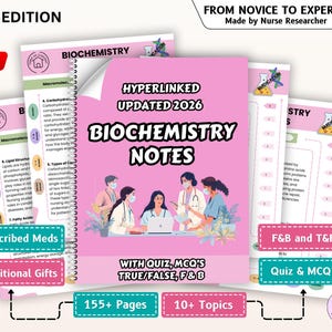 Op de afbeelding: Een stapel roze Biochemistry Notes-boeken met de tekst "2026 Edition" en "Hyperlinked Updated 2026 Biochemistry Notes". De boeken bevatten de tekst "Prescribed Meds", "Additional Gifts", "F&B and T&F" en "Quiz & MCQ's".