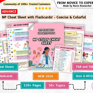 Könnte beinhalten: Eine Sammlung von NP-Lernhilfen und Karteikarten mit einem rosa Einband, einer Illustration einer Pflegekraft, medizinischen Symbolen und dem Text NP STUDY CHEAT SHEET HYPERLINKED UPDATED 2026. Das Set umfasst über 120 Seiten zu 30 Themen.