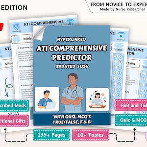 Puede incluir: Material educativo titulado "ATI Comprehensive Predictor Updated 2026" con una ilustración de enfermera. Incluye "Quiz, MCQ's, True/False, F & B" y "135+ Páginas, 10+ Temas".