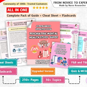 May include: A psychiatric mental health study guide and cheat sheet set featuring a pink cover with a brain illustration, medical icons, and text including "Hyperlinked Updated 2026 Psychiatric Mental Health Study Guide" and "With Quiz, MCQ, True/False, F&B".