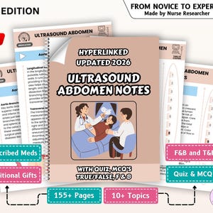 May include: A medical study guide titled "Ultrasound Abdomen Notes" with the text "2026 Edition." The cover features an illustration of a medical professional performing an ultrasound. Additional notes and study aids are included.