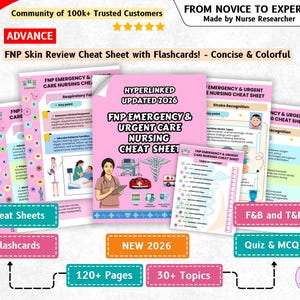 May include: A collection of FNP Emergency & Urgent Care Nursing Cheat Sheets and flashcards with pink and white pages. The text includes 'HYPERLINKED UPDATED 2026', 'FNP EMERGENCY & URGENT CARE NURSING CHEAT SHEET', and various medical illustrations.