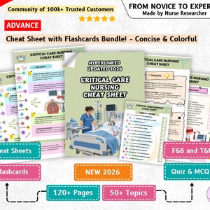 May include: A bundle of Critical Care Nursing cheat sheets and flashcards featuring 120+ pages and 50+ topics. The documents include text such as 'HYPERLINKED UPDATED 2026', 'CRITICAL CARE NURSING CHEAT SHEET', and 'FROM NOVICE TO EXPERT'.