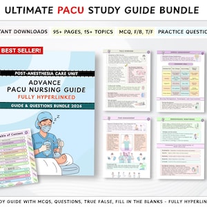 Puede incluir: Un paquete de guías de estudio para enfermería de la unidad de cuidados postanestésicos (UCPA). La guía incluye más de 95 páginas, 15+ temas, preguntas de opción múltiple y preguntas de práctica. La portada presenta una enfermera y un paciente. Texto: "Ultimate PACU Study Guide Bundle".