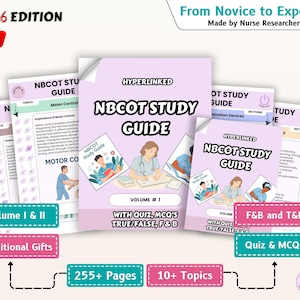 Könnte beinhalten: Eine Sammlung von Studienführern mit dem Titel "NBCOT Study Guide" mit dem Text "2026 EDITION" und "NEW". Die Führer sind hellviolett und zeigen Illustrationen von studierenden Personen. Zusätzlicher Text umfasst "Volume I & II", "Additional Gifts", "F&B and T&F" und "Quiz & MCQ's".