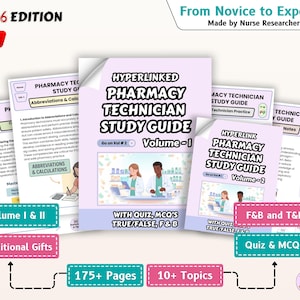 May include: A collection of study guides for pharmacy technicians. The guides are titled "Hyperlinked Pharmacy Technician Study Guide" and include volumes 1 and 2. The guides feature quizzes, MCQs, and true/false questions. The guides are labeled "2026 Edition" and include over 175 pages and 10+ topics.