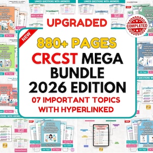 Può includere: Una raccolta di materiali didattici, tra cui libri e guide, con il testo "CRST MEGA BUNDLE 2026 EDITION." L'immagine presenta le parole "UPGRADED" e "COMPLETED" con la frase "07 IMPORTANT TOPICS WITH HYPERLINKED."