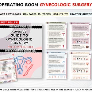 Puede incluir: Una guía de estudio titulada "Advance Guide to Gynecologic Surgery" con el texto "Fully Hyperlinked" y "Guide & Questions Bundle 2026". La imagen también incluye varias páginas con información médica y diagramas.