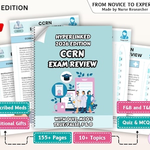 May include: A spiral-bound book titled "HYPERLINKED 2026 EDITION CCRN EXAM REVIEW" with the text "FROM NOVICE TO EXPERT." The cover features medical professionals and a graduation cap icon. Additional pages and tabs are visible, with text like "Quiz" and "Prescribed Meds."
