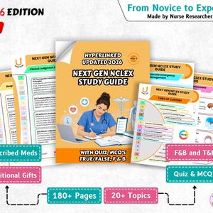 Könnte beinhalten: Ein Studienführer mit dem Titel "Next Gen NCLEX Study Guide" mit dem Text "2026 EDITION" und "NEW". Das Cover zeigt eine Krankenschwester und den Text "Hyperlinked Updated 2026". Zusätzlicher Text umfasst "Prescribed Meds", "Additional Gifts", "180+ Pages" und "20+ Topics".