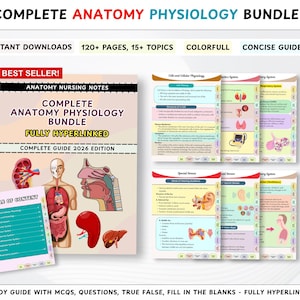 May include: A Complete Anatomy Physiology Bundle with the text "Best Seller!" and "Instant Downloads". The bundle includes a guide with 120+ pages and 15+ topics. The guide is fully hyperlinked and includes MCQs, questions, and fill-in-the-blanks.