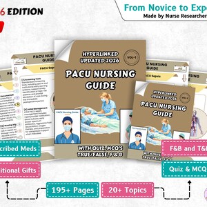 May include: A set of "PACU Nursing Guide" books, labelled "2026 Edition" and "New." The guides feature medical illustrations and text, including "Prescribed Meds" and "Quiz & MCQ's." The guides are designed to help nurses.