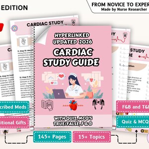 May include: A pink and white spiral-bound "Cardiac Study Guide" book with the text "2026 Edition" and "From Novice to Expert." The cover features a nurse with a laptop and a heart illustration. Additional study pages are visible.