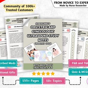 May include: A digital study guide titled Hyperlinked Obstetric and Gynecologic Ultrasound Study Notes Updated 2026, featuring 155+ pages, 10+ topics, quizzes, and MCQs. The cover displays medical illustrations of a fetus and a nurse.