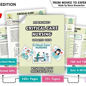 Puede incluir: Un conjunto de materiales educativos titulados "Critical Care Nursing Updated 2026." La portada presenta ilustraciones médicas. Texto adicional incluye "With Quiz, MCQ's True/False, F & B" y "160+ Pages, 15+ Topics."