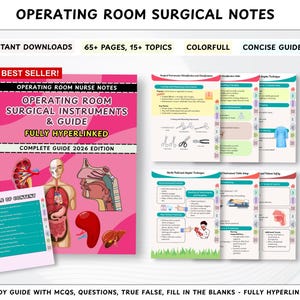 Op de afbeelding: Een roze en witte gids getiteld "Operating Room Surgical Instruments & Guide" met de tekst "Best Seller!" en "Fully Hyperlinked". De gids bevat illustraties van chirurgische instrumenten en menselijke anatomie. Extra pagina's tonen diagrammen en notities.