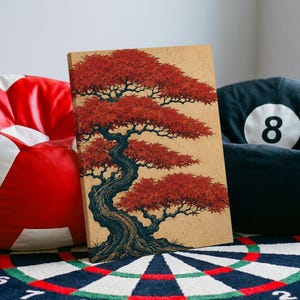 May include: A rectangular canvas print featuring a detailed illustration of a bonsai tree with a thick, textured dark trunk and vibrant red leaves against a light tan, speckled background. The artwork is displayed in a vertical orientation.