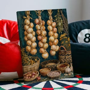 May include: A rectangular canvas print featuring a still life composition of three braided bundles of yellow onions hanging against a dark teal background, with various woven baskets filled with grains, legumes, and loose onions arranged below.