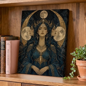 May include: A rectangular canvas print featuring a central figure with three faces, long dark blue hair, and a gold crown. The figure wears a blue gown with gold embroidery and jewelry against a dark background with three circular moon phases.