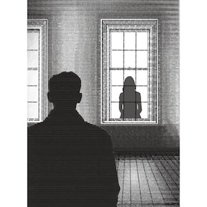 May include: Monochromatic art print featuring a silhouetted figure facing a window with a silhouetted person. The artwork is titled "TWO WORLDS" by Alexander Way-B. The image has a textured, grainy appearance.