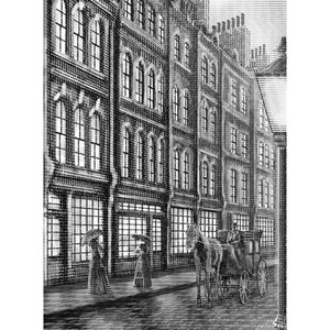 Może przedstawiać: Czarno-biała ilustracja wiktoriańskiej ulicy. Obraz przedstawia rząd budynków z łukowatymi oknami, pieszych z parasolami, powóz konny i tekst "VICTORIAN STREET".