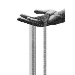 Może przedstawiać: Czarno-biały cyfrowy wydruk artystyczny przedstawiający dłoń, z której wypływają strumienie kodu binarnego. Grafika zawiera tekst "JUST KEEP SCROLLING" oraz nazwisko artysty. Kod binarny jest również obecny.