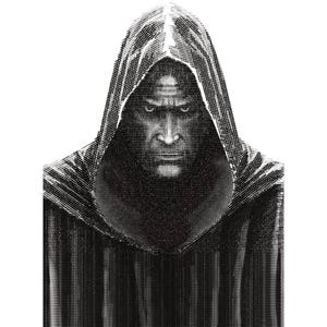 May include: Black and white portrait of a person wearing a hooded cloak. The image is a detailed illustration with the text "GUARDIAN OF CONFORMITY" and "ALEXANDER WAY-B" at the bottom. The person has a stern expression.