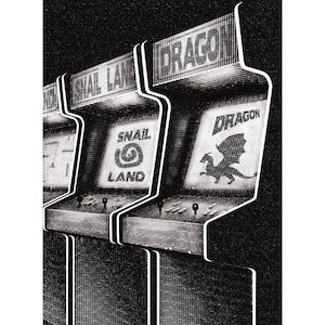 May include: Black and white illustration of three arcade game machines. The first machine reads "SNAIL LAND" with a snail graphic. The second machine reads "DRAGON" with a dragon graphic. The word "ARCADE" is at the bottom.