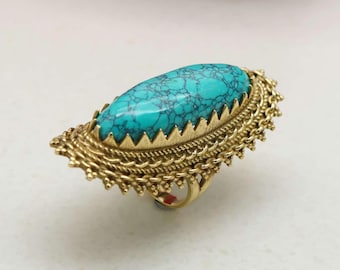 Turquoise Ring in Brass, Oval Gemstone Boho Adjustable Jewelry, Gift for Her