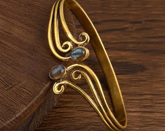 Labradorite Brass Spiral Arm Cuff,  Adjustable Arm Band, Handmade Arm Bracelet, Anniversary Gift,