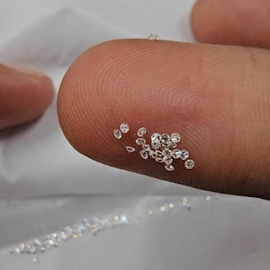 May include: A close-up of a fingertip displaying a scattering of small, clear gemstones, possibly diamonds. The gemstones are round and reflect light, with some clustered together. The background is a blurred, light-coloured surface.