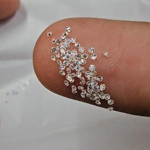 May include: A close-up image showing a scattering of small, clear diamonds on a fingertip. The diamonds are faceted, catching the light and creating a sparkling effect. These loose gemstones are likely intended for use in jewellery or other decorative crafts.