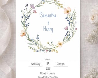 Watercolor Floral Wedding Invitation Template | Botanical Wreath Invite | Editable Printable Wedding Invitation | Romantic Garden Wedding