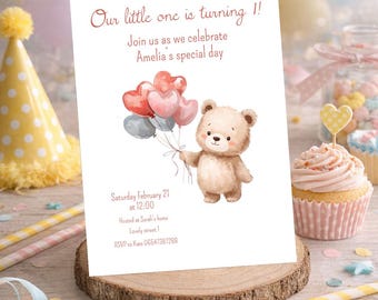 Invitación editable de osito de peluche para primer cumpleaños / Invitación para fiesta de un año / Cumpleaños de niña imprimible / Oso y globos