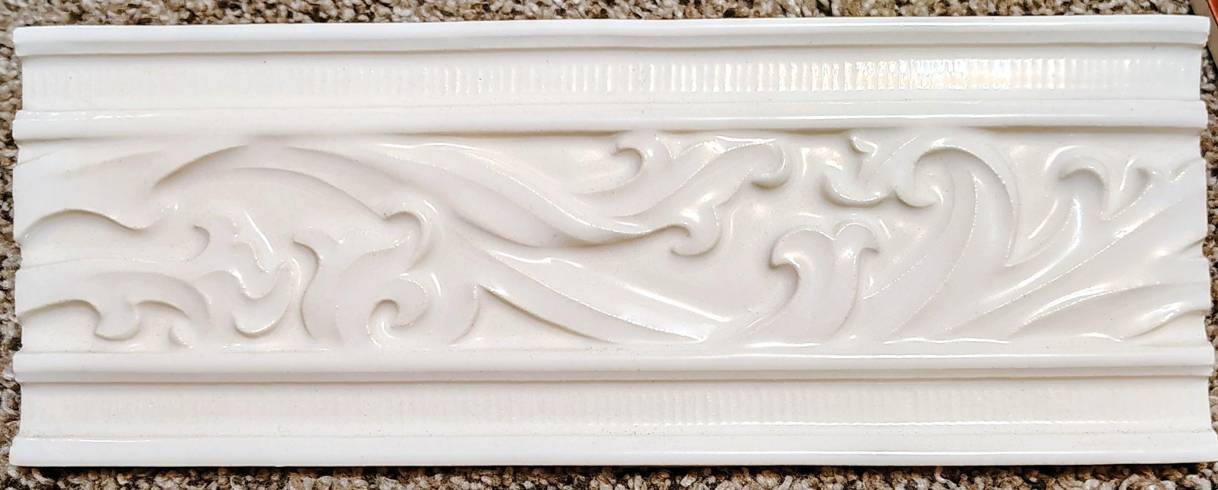White Fluted Bead and Vine Accent Tile - 3" X 8" Raised Relief Ceramic ...
