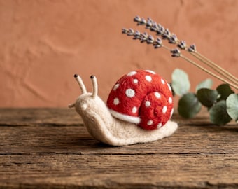 Needle Felted Snail Figurine, Mushroom Shell Woodland Animal Art, Desk Buddy