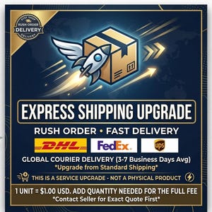 May include: A navy blue graphic with the text "EXPRESS SHIPPING UPGRADE" and "RUSH ORDER • FAST DELIVERY". A rocket ship flies towards a cardboard box. Logos for DHL, FedEx, and UPS are also included.