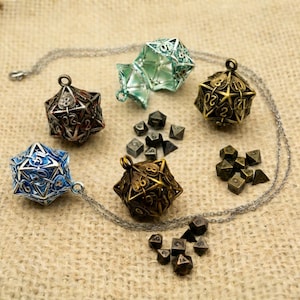 Leaf D20 Dice Necklace with Mini Metal Dice Set | RPG Pendant