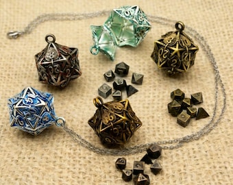 Leaf D20 Dice Necklace with Mini Metal Dice Set | RPG Pendant